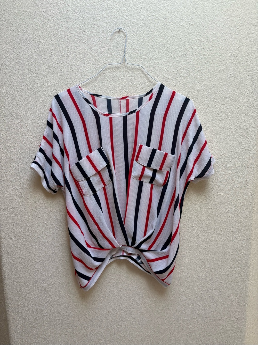 Striped Knot Front Short Sleeve Tee - White/Red/Black